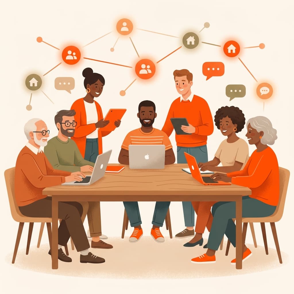 Illustration of a diverse group of people discussing around a table, representing community-driven insights.